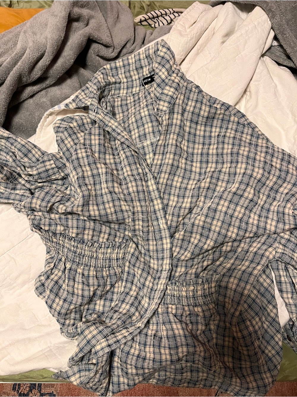SHEIN Blue and Cream Plaid Button-Front Dress